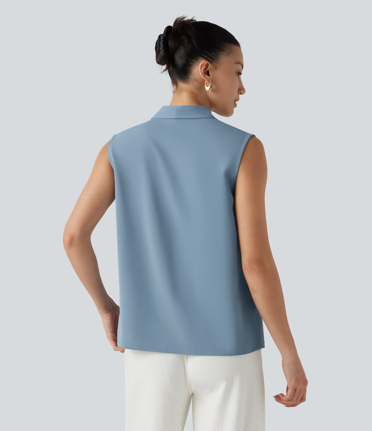 Wrinkle Recovery V Neck Sleeveless Relaxed Work Tie Blouse — Mountain Spring — view 2