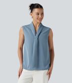 Wrinkle Recovery V Neck Sleeveless Relaxed Work Tie Blouse — Mountain Spring — view 7