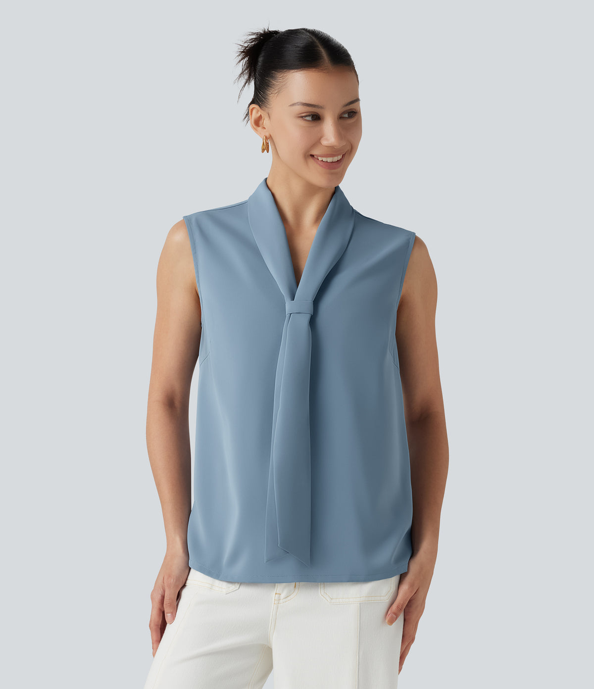 Wrinkle Recovery V Neck Sleeveless Relaxed Work Tie Blouse — Mountain Spring — view 7