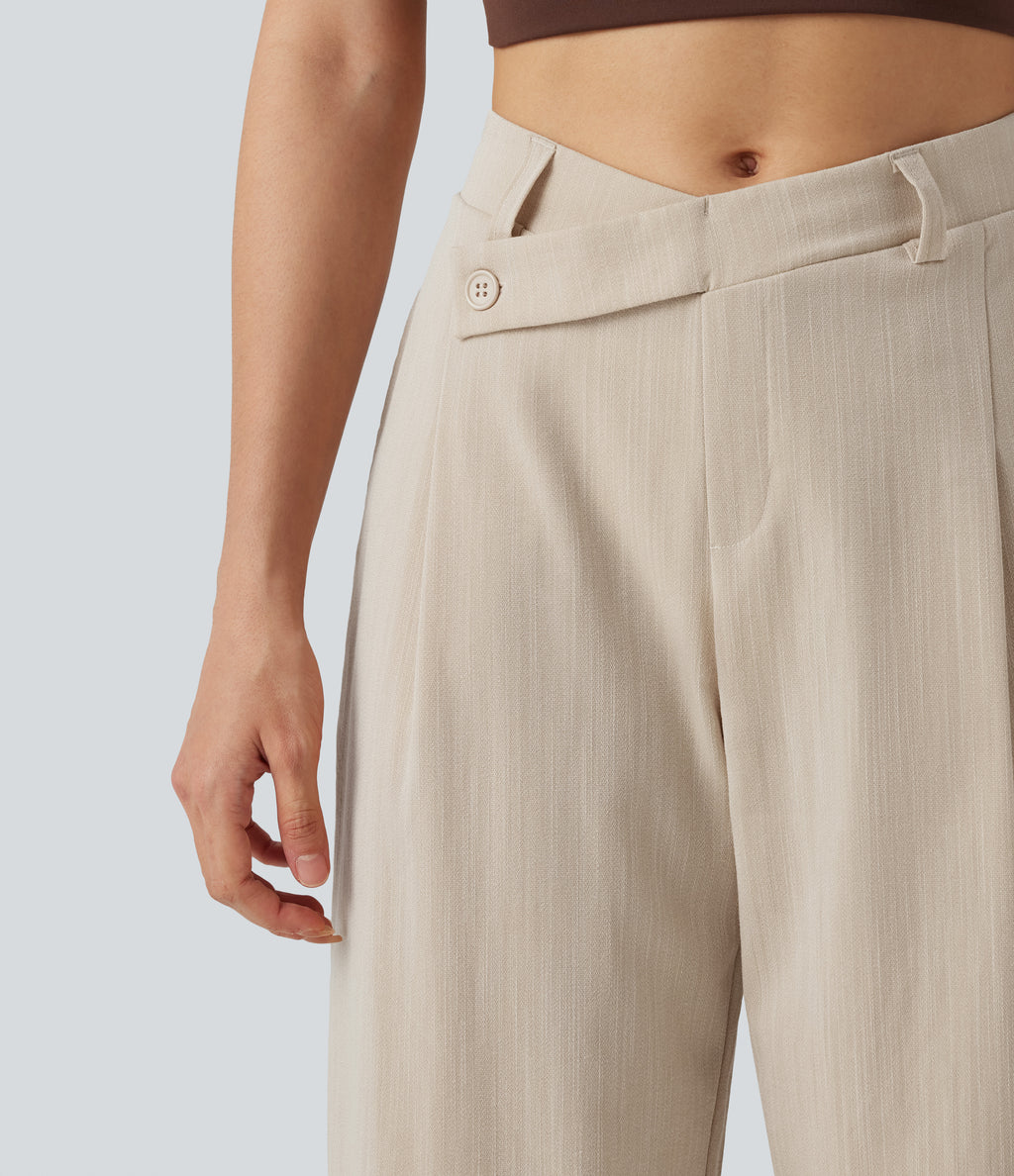 Asymmetric Mid Rise Barrel Leg Work Linen-Feel Trousers with Pockets — Dune Mirage — view 5