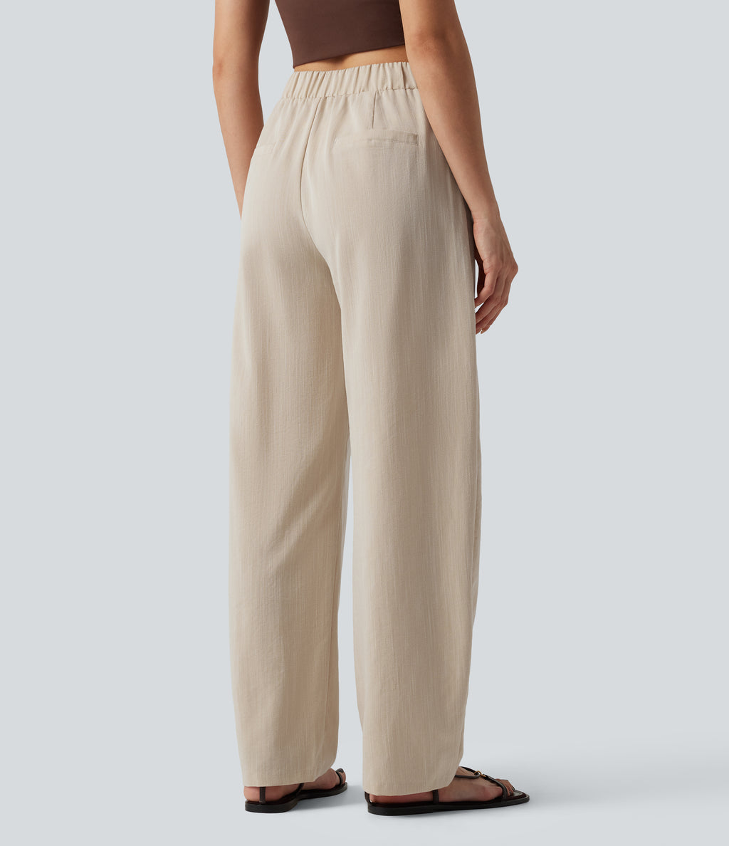 Asymmetric Mid Rise Barrel Leg Work Linen-Feel Trousers with Pockets — Dune Mirage — view 2
