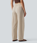 Asymmetric Mid Rise Barrel Leg Work Linen-Feel Trousers with Pockets — Dune Mirage — view 2