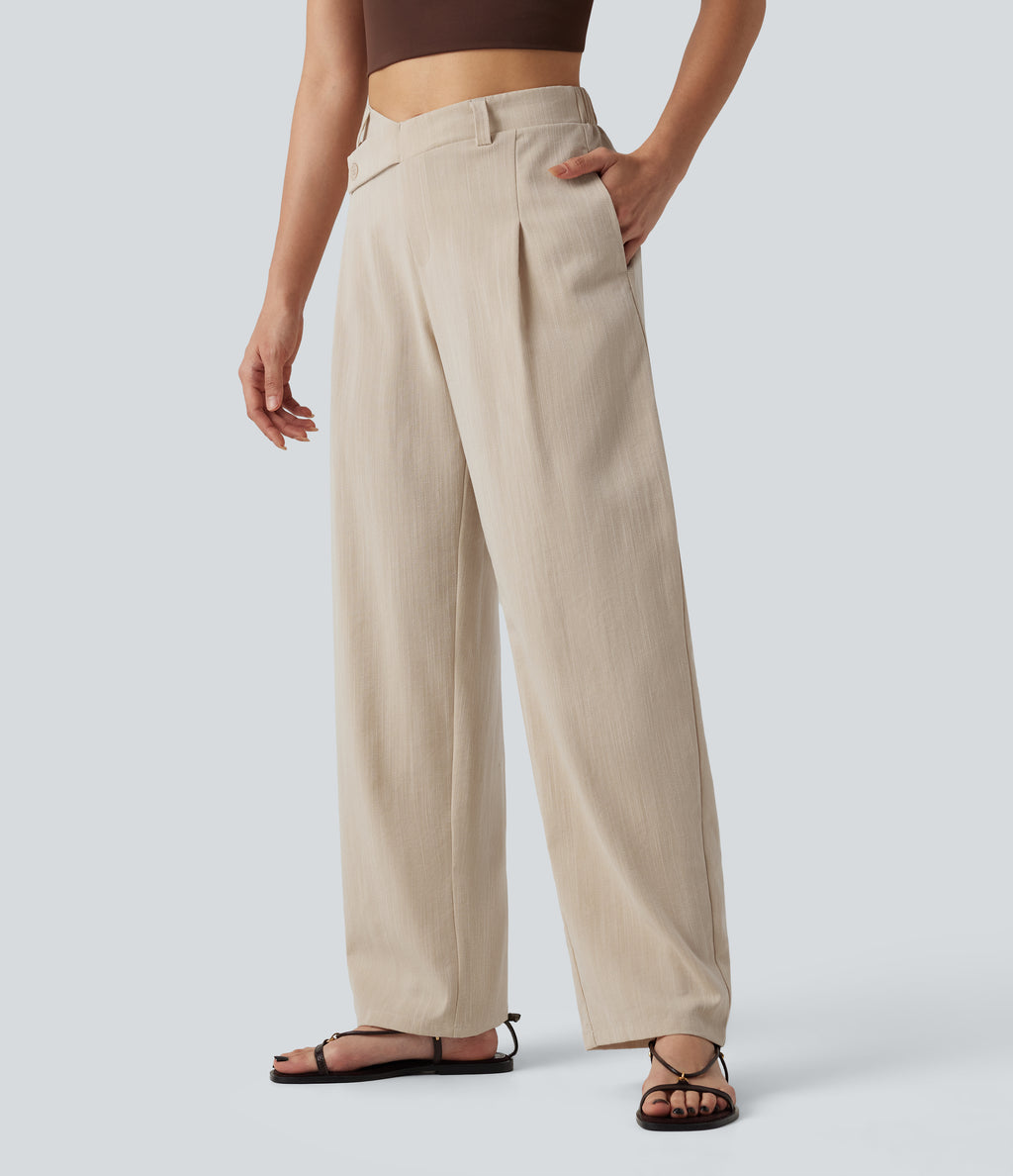 Asymmetric Mid Rise Barrel Leg Work Linen-Feel Trousers with Pockets — Dune Mirage — view 3