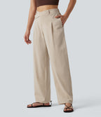 Asymmetric Mid Rise Barrel Leg Work Linen-Feel Trousers with Pockets — Dune Mirage — view 3