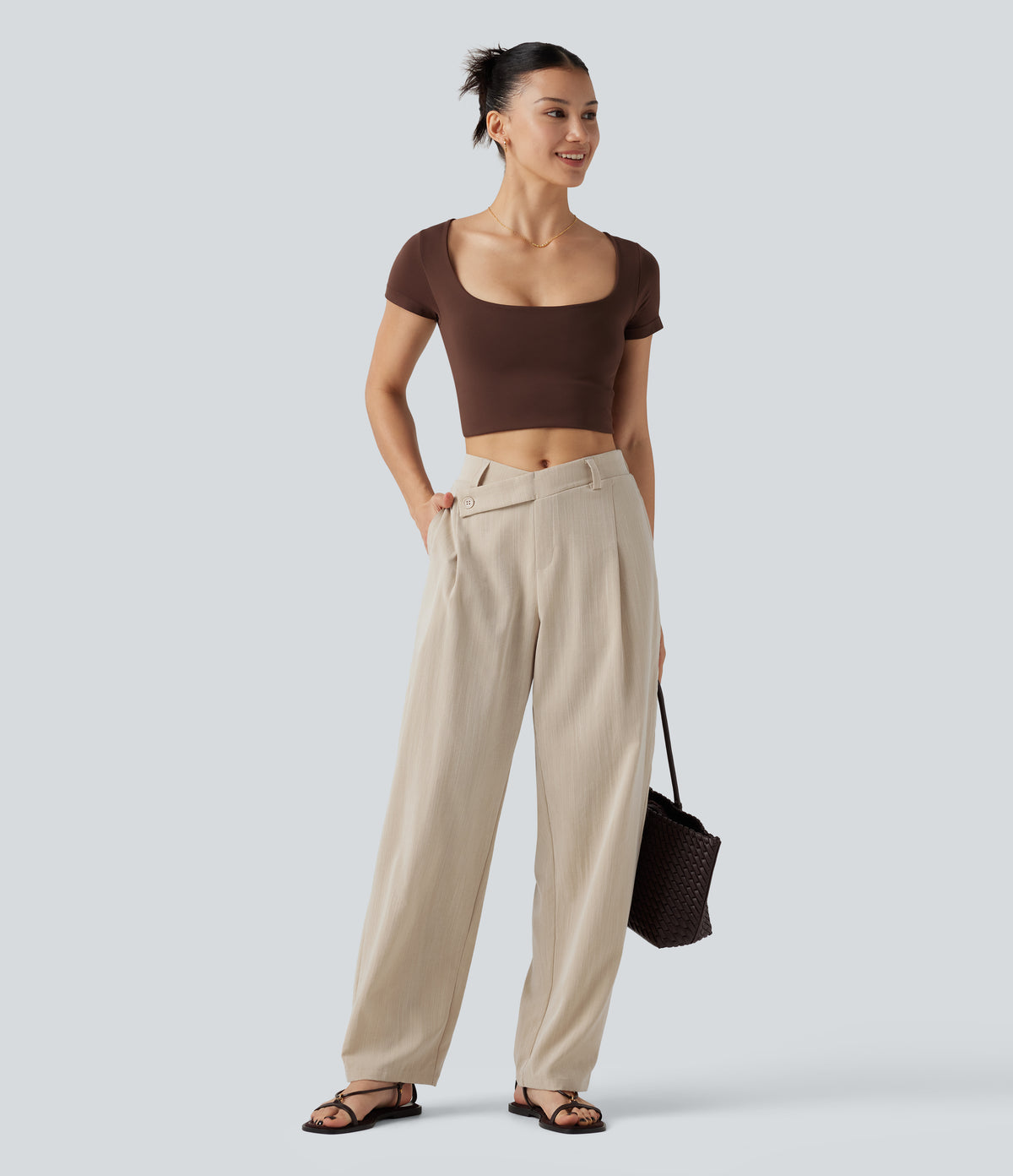 Asymmetric Mid Rise Barrel Leg Work Linen-Feel Trousers with Pockets — Dune Mirage — view 7