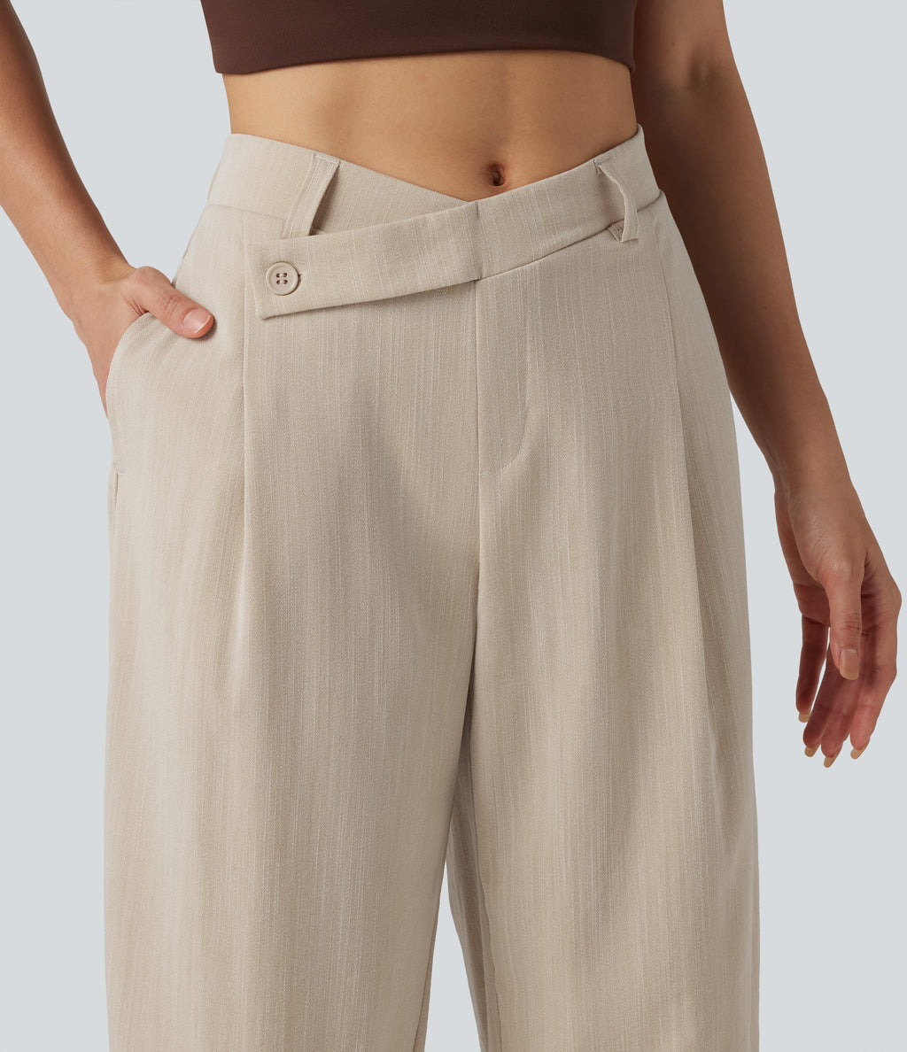 Asymmetric Mid Rise Barrel Leg Work Linen-Feel Trousers with Pockets — Dune Mirage — view 4