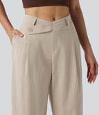 Asymmetric Mid Rise Barrel Leg Work Linen-Feel Trousers with Pockets — Dune Mirage — view 4