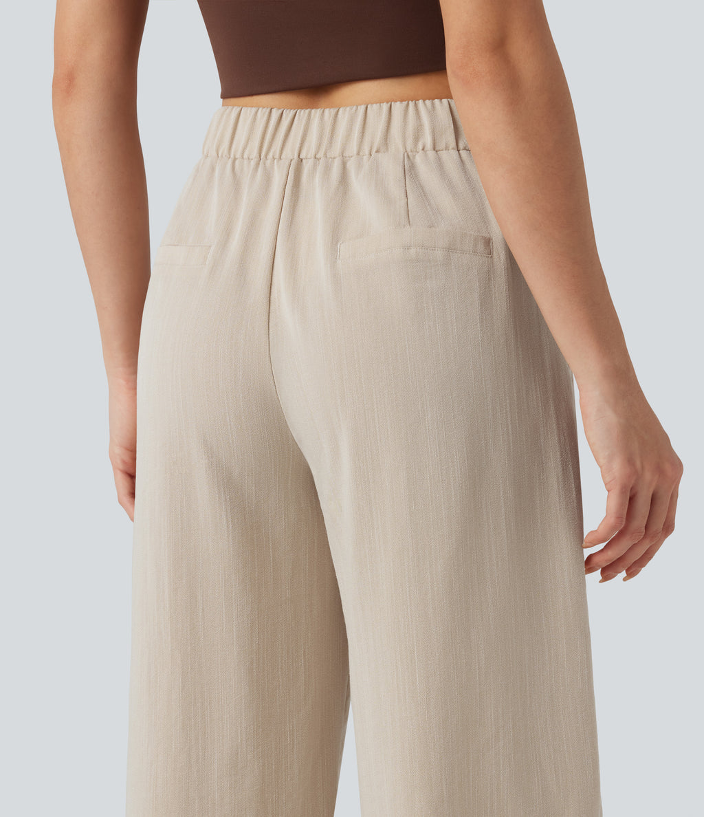 Asymmetric Mid Rise Barrel Leg Work Linen-Feel Trousers with Pockets — Dune Mirage — view 6