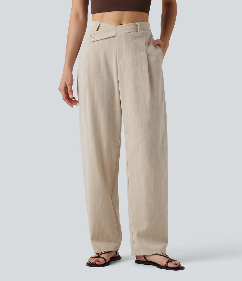 Asymmetric Mid Rise Barrel Leg Work Linen-Feel Trousers with Pockets — Dune Mirage — view 1