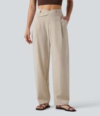 Asymmetric Mid Rise Barrel Leg Work Linen-Feel Trousers with Pockets — Dune Mirage — view 1