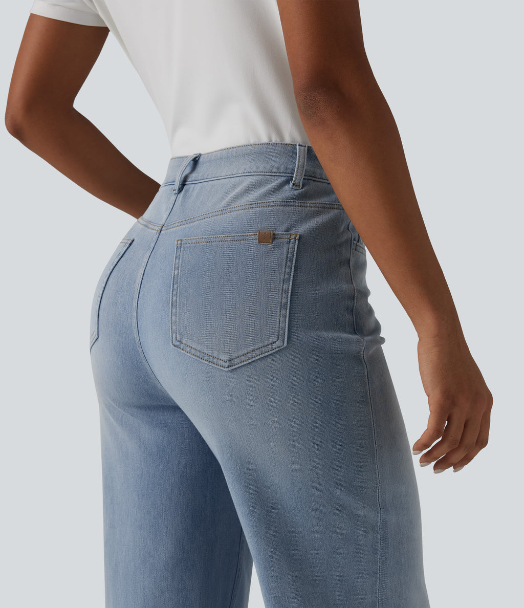High Waisted Straight Leg Washed Casual Cuffed Jeans with Pockets — Ice Water Denim — view 5