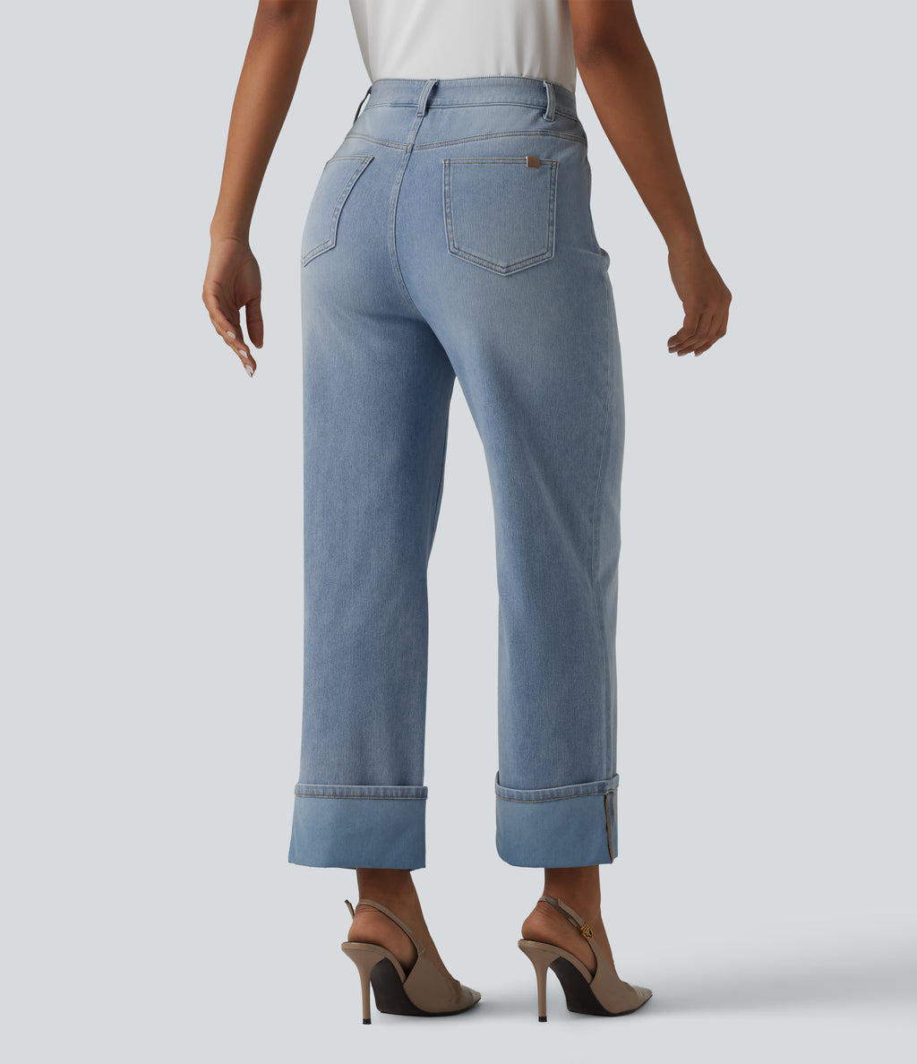 High Waisted Straight Leg Washed Casual Cuffed Jeans with Pockets — Ice Water Denim — view 2