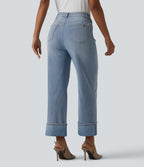 High Waisted Straight Leg Washed Casual Cuffed Jeans with Pockets — Ice Water Denim — view 2