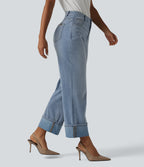 High Waisted Straight Leg Washed Casual Cuffed Jeans with Pockets — Ice Water Denim — view 1