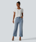 High Waisted Straight Leg Washed Casual Cuffed Jeans with Pockets — Ice Water Denim — view 7