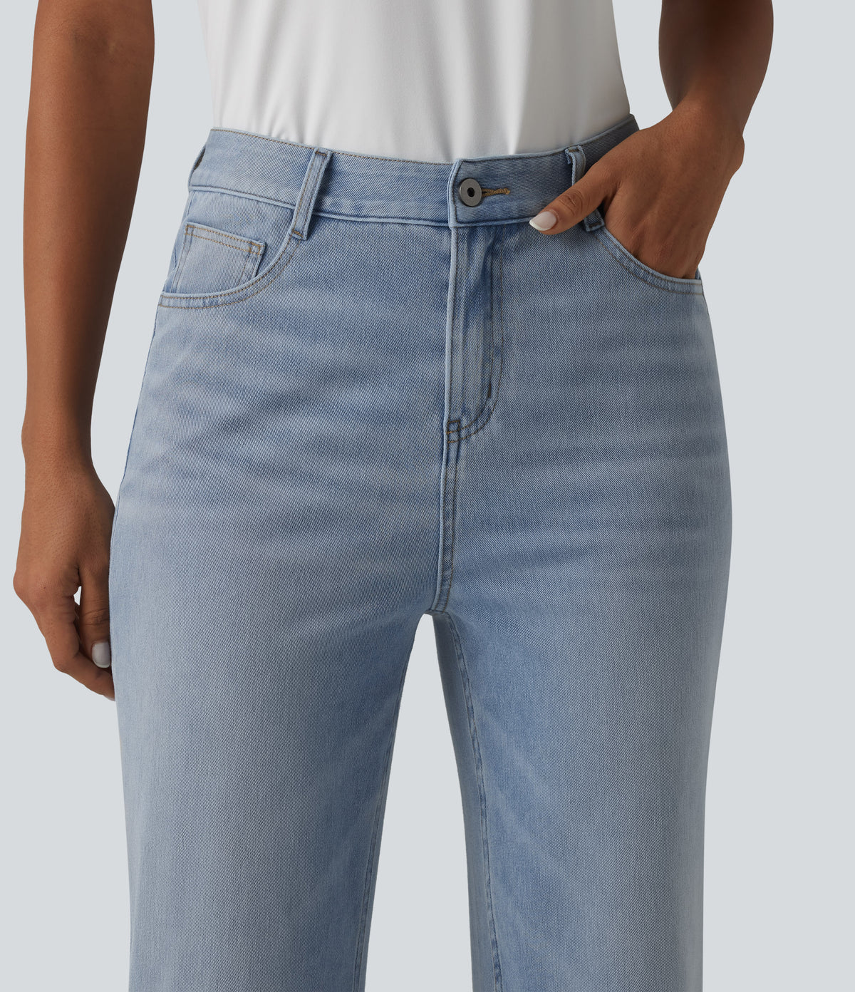 High Waisted Straight Leg Washed Casual Cuffed Jeans with Pockets — Ice Water Denim — view 4