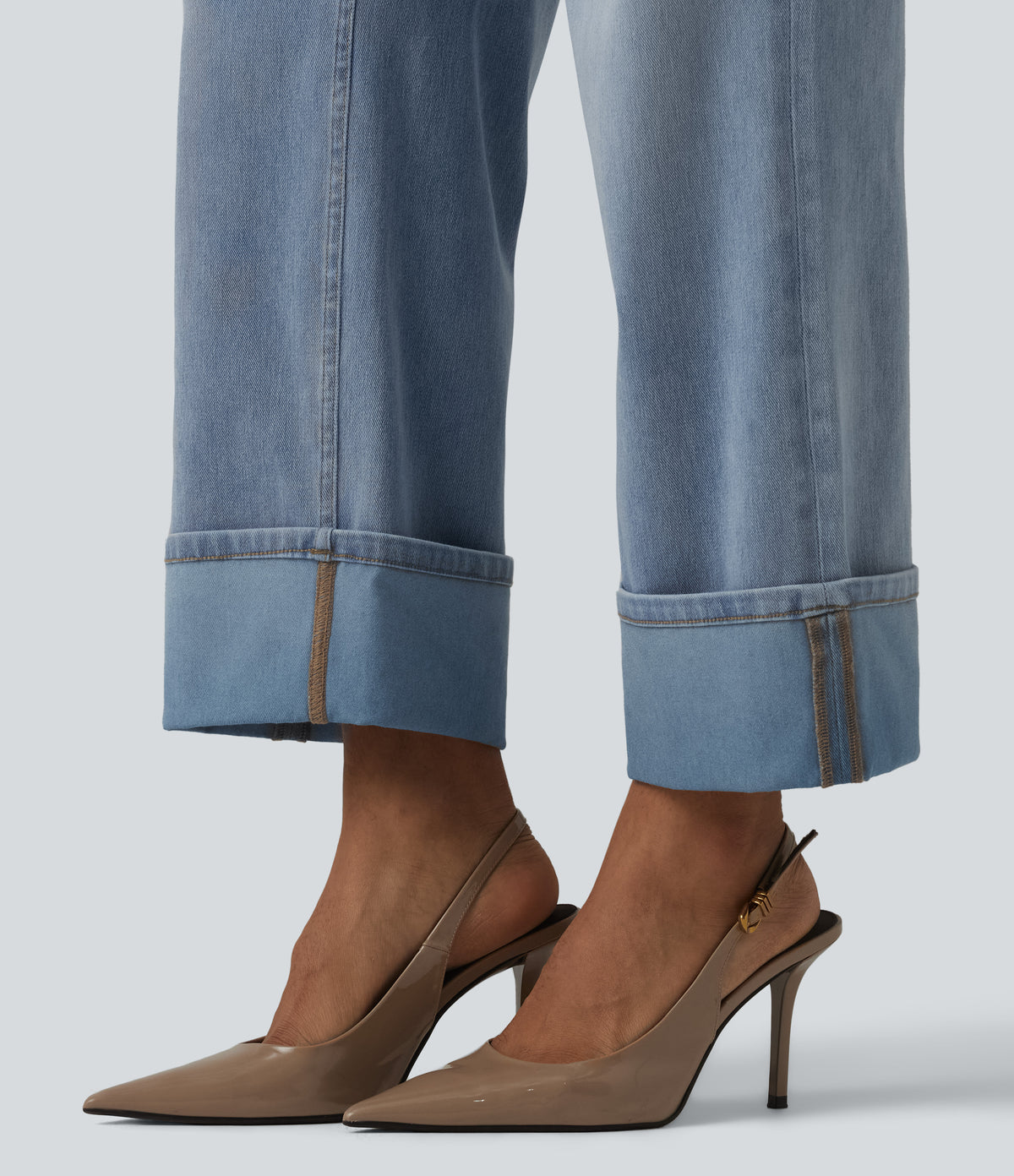 High Waisted Straight Leg Washed Casual Cuffed Jeans with Pockets — Ice Water Denim — view 6