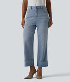 High Waisted Straight Leg Washed Casual Cuffed Jeans with Pockets — Ice Water Denim — view 3