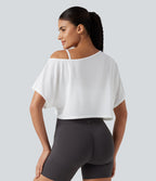 One Shoulder Short Sleeve Built-in Bra Quick Dry 2-Piece Cropped Yoga Sports Top — White — view 1