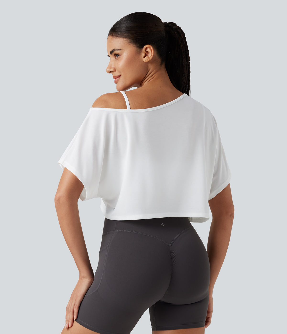 One Shoulder Short Sleeve Built-in Bra Quick Dry 2-Piece Cropped Yoga Sports Top — White — view 1