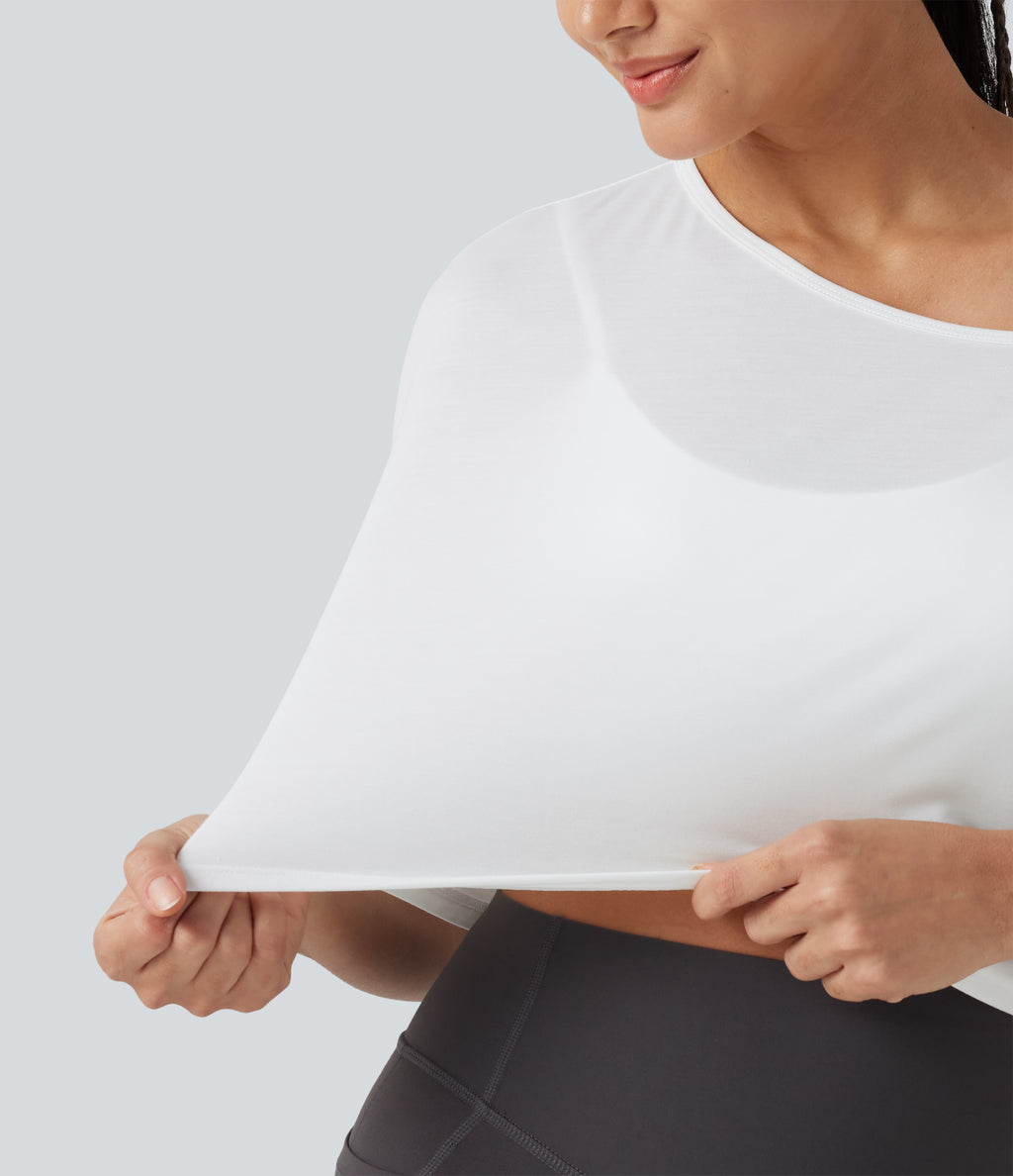One Shoulder Short Sleeve Built-in Bra Quick Dry 2-Piece Cropped Yoga Sports Top — White — view 8