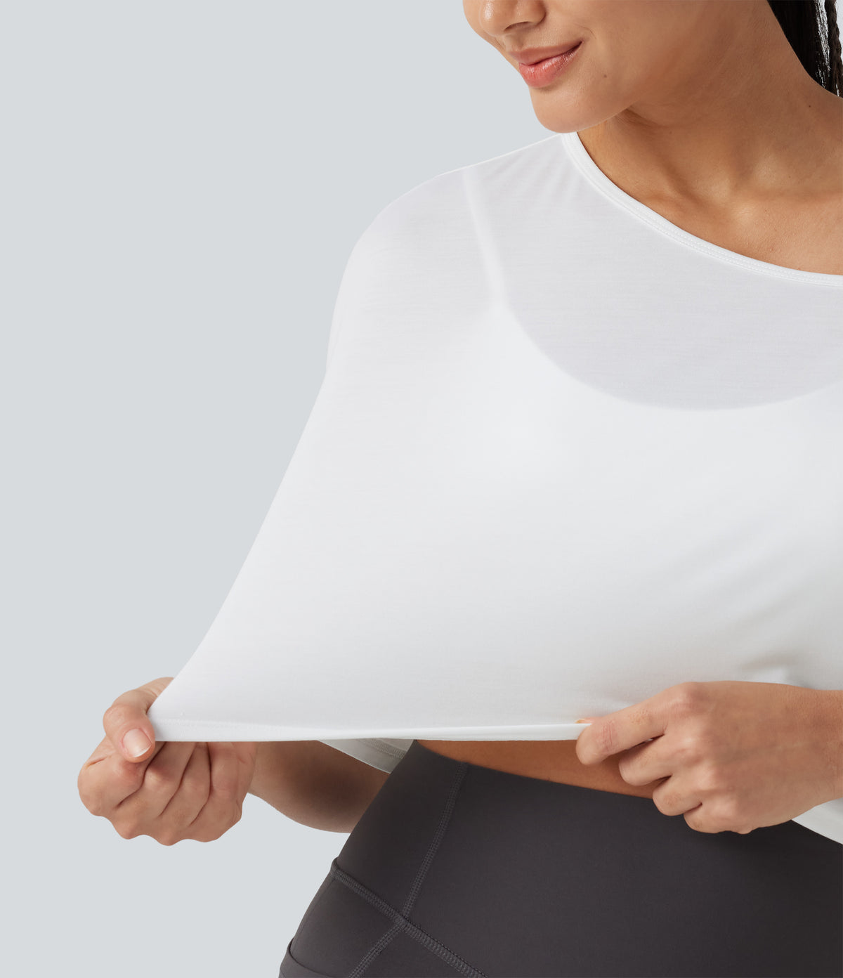 One Shoulder Short Sleeve Built-in Bra Quick Dry 2-Piece Cropped Yoga Sports Top — White — view 8