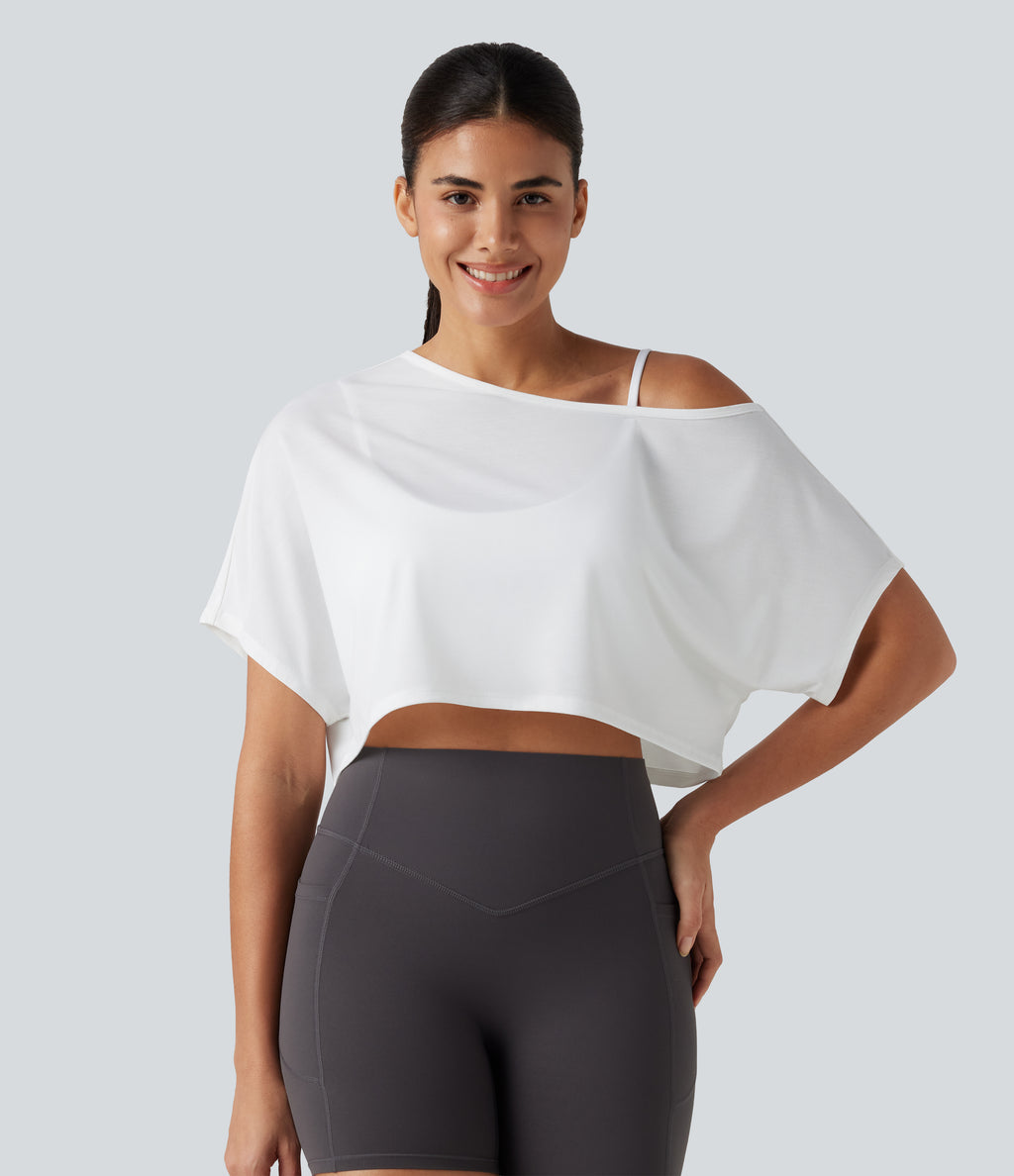 One Shoulder Short Sleeve Built-in Bra Quick Dry 2-Piece Cropped Yoga Sports Top — White — view 3