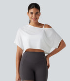 One Shoulder Short Sleeve Built-in Bra Quick Dry 2-Piece Cropped Yoga Sports Top — White — view 3