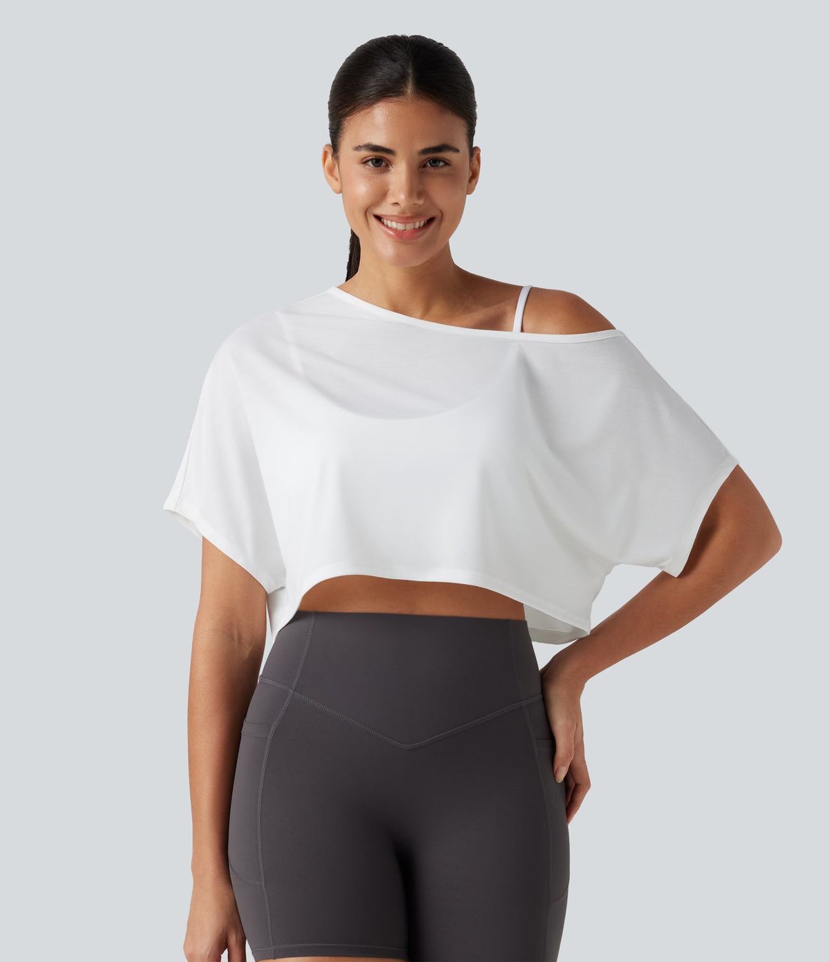 One Shoulder Short Sleeve Built-in Bra Quick Dry 2-Piece Cropped Yoga Sports Top — White — view 3
