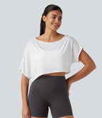 One Shoulder Short Sleeve Built-in Bra Quick Dry 2-Piece Cropped Yoga Sports Top — White — view 6