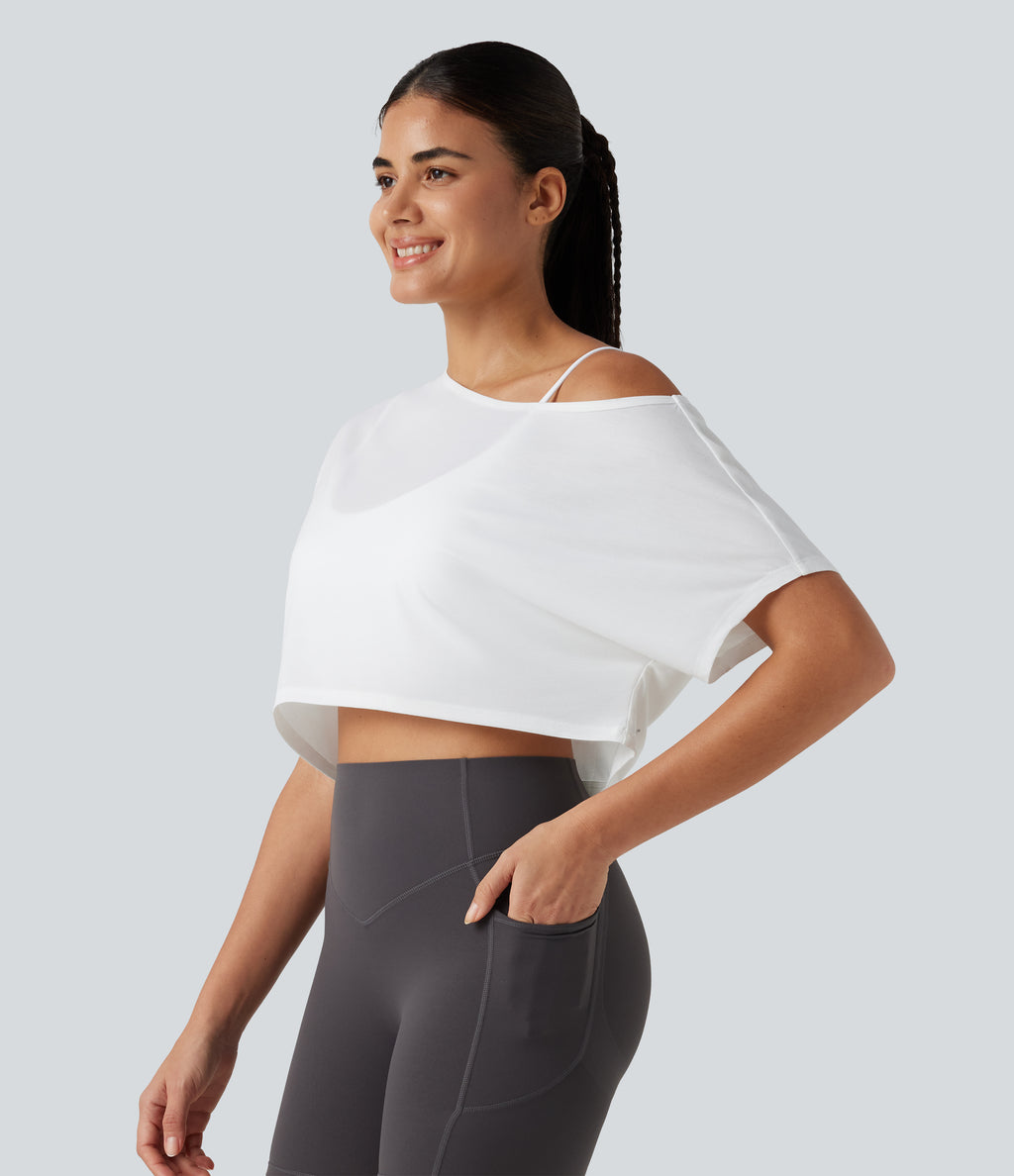 One Shoulder Short Sleeve Built-in Bra Quick Dry 2-Piece Cropped Yoga Sports Top — White — view 2