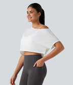 One Shoulder Short Sleeve Built-in Bra Quick Dry 2-Piece Cropped Yoga Sports Top — White — view 2