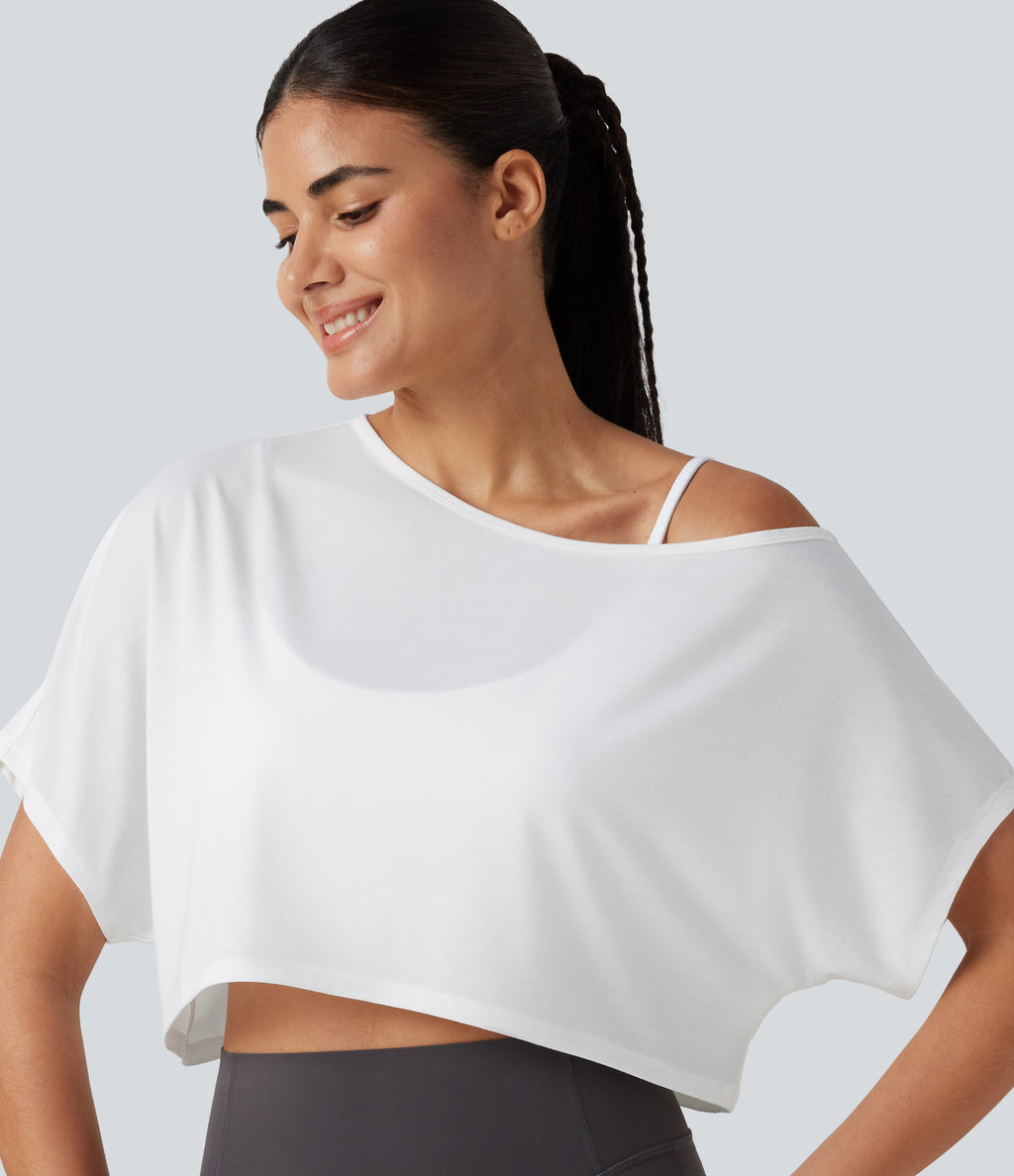 One Shoulder Short Sleeve Built-in Bra Quick Dry 2-Piece Cropped Yoga Sports Top — White — view 4