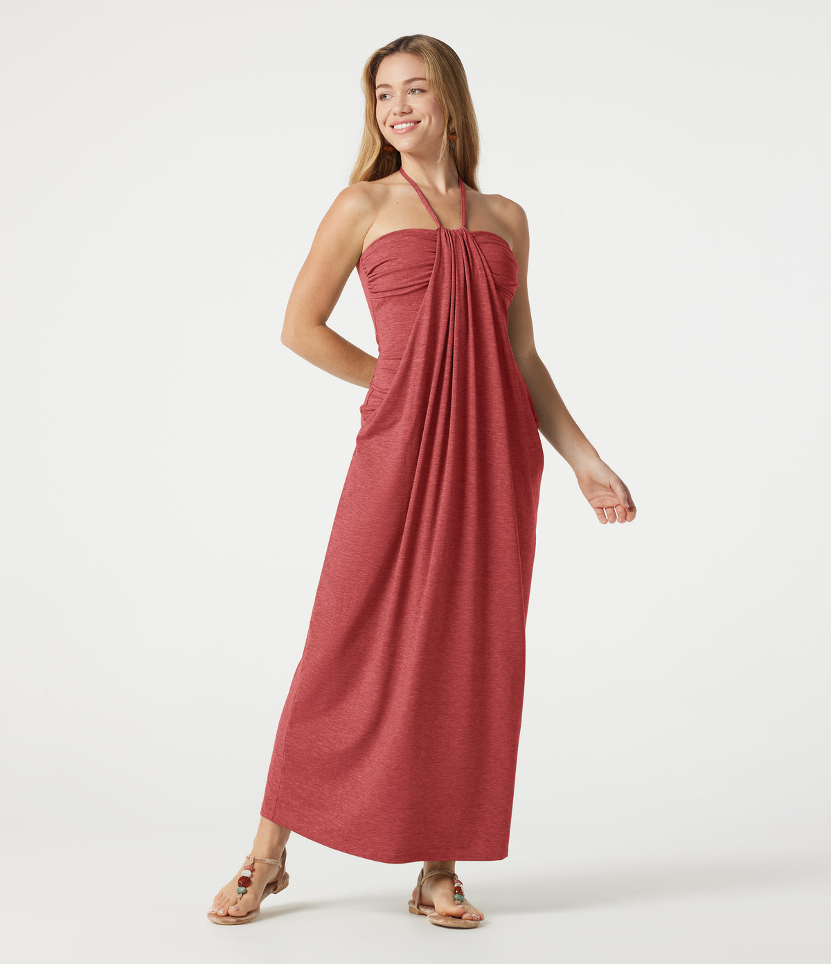 Halter Tie Back Built-in Bra Heathered Maxi Dress with Pockets — Poinsettia Floral Yarn — view 9