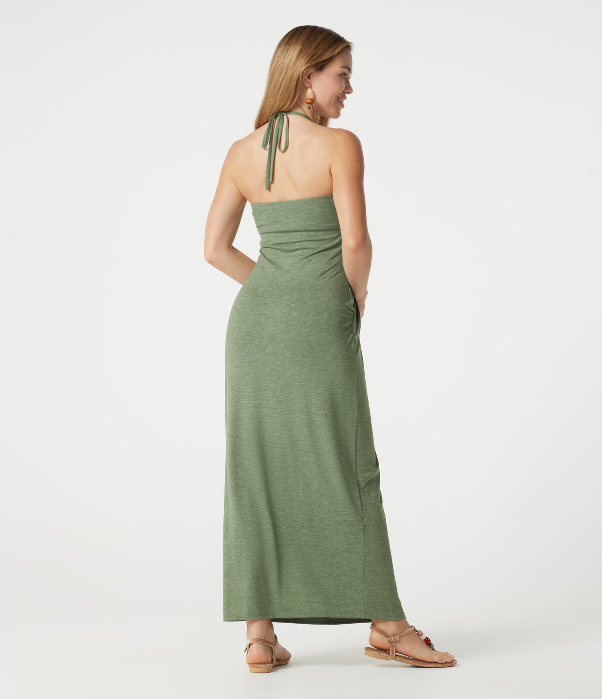 Halter Tie Back Built-in Bra Heathered Maxi Dress with Pockets — Light Green Floral Yarn — view 2