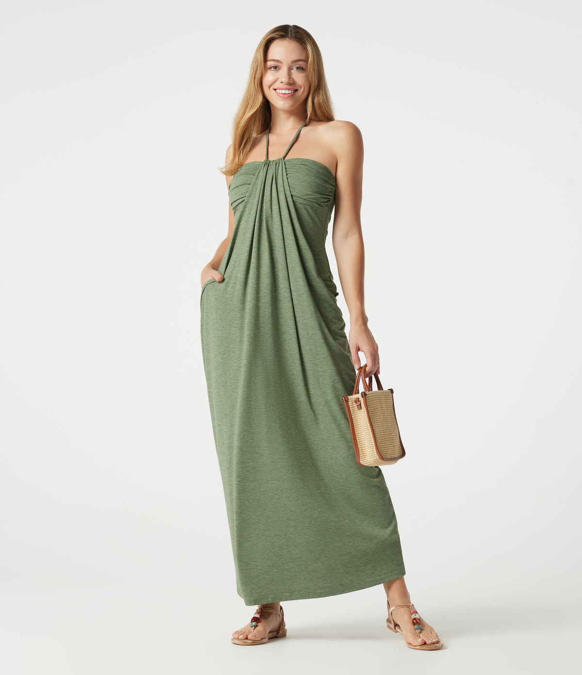 Halter Tie Back Built-in Bra Heathered Maxi Dress with Pockets — Light Green Floral Yarn — view 8