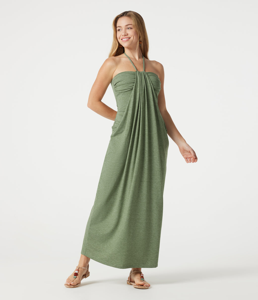 Halter Tie Back Built-in Bra Heathered Maxi Dress with Pockets — Light Green Floral Yarn — view 3