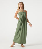 Halter Tie Back Built-in Bra Heathered Maxi Dress with Pockets — Light Green Floral Yarn — view 3