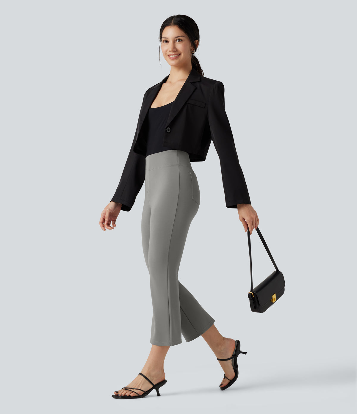 High-waisted Cropped Work Flare Trousers with Pockets — Putty Gray — view 6