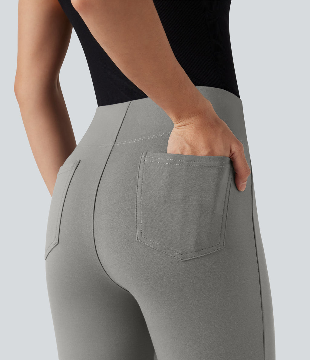 High-waisted Cropped Work Flare Trousers with Pockets — Putty Gray — view 4