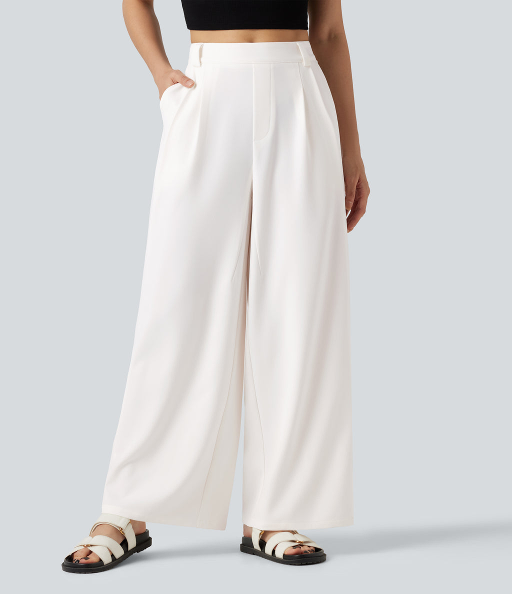 Mid Rise Work Wide-leg Trousers with Pockets — White — view 1