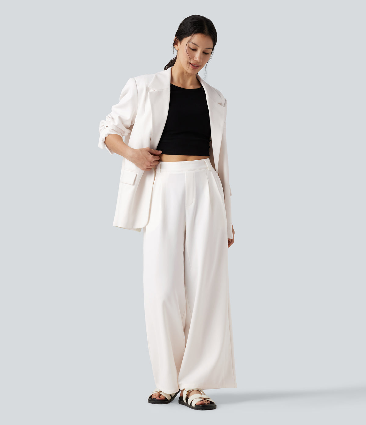 Mid Rise Work Wide-leg Trousers with Pockets — White — view 6