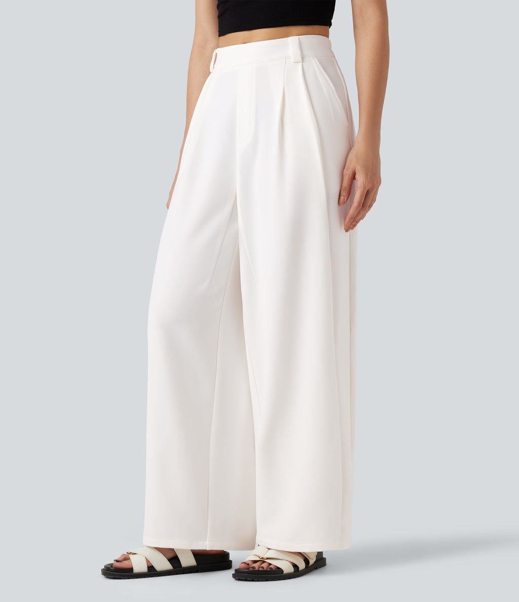 Mid Rise Work Wide-leg Trousers with Pockets — White — view 3