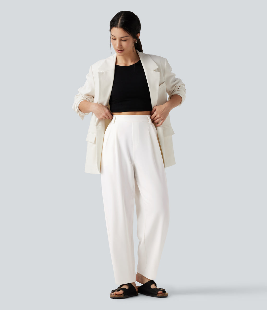 High-waisted Barrel Leg Baggy Work Trousers with Pockets — White — view 5