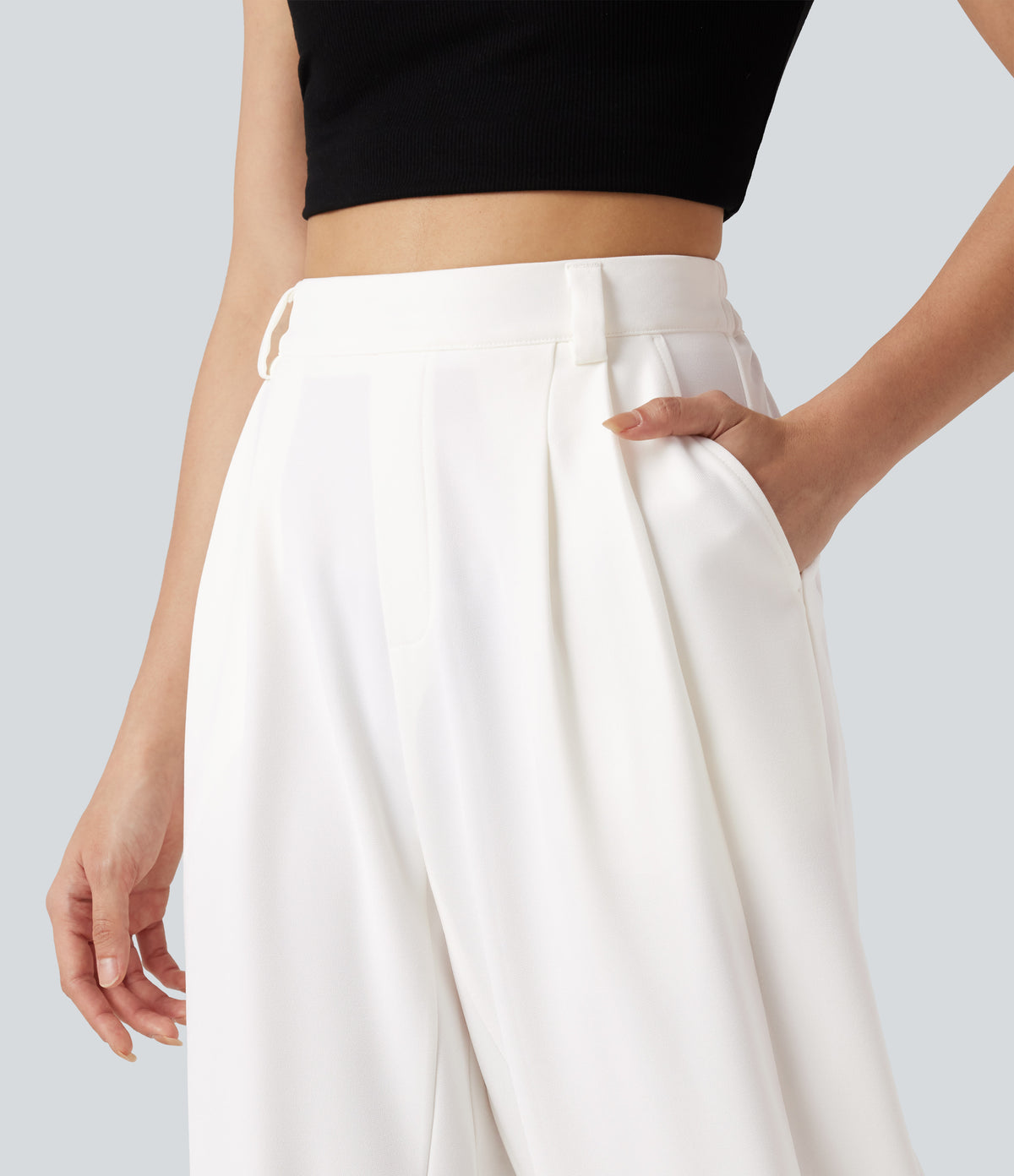High-waisted Barrel Leg Baggy Work Trousers with Pockets — White — view 4
