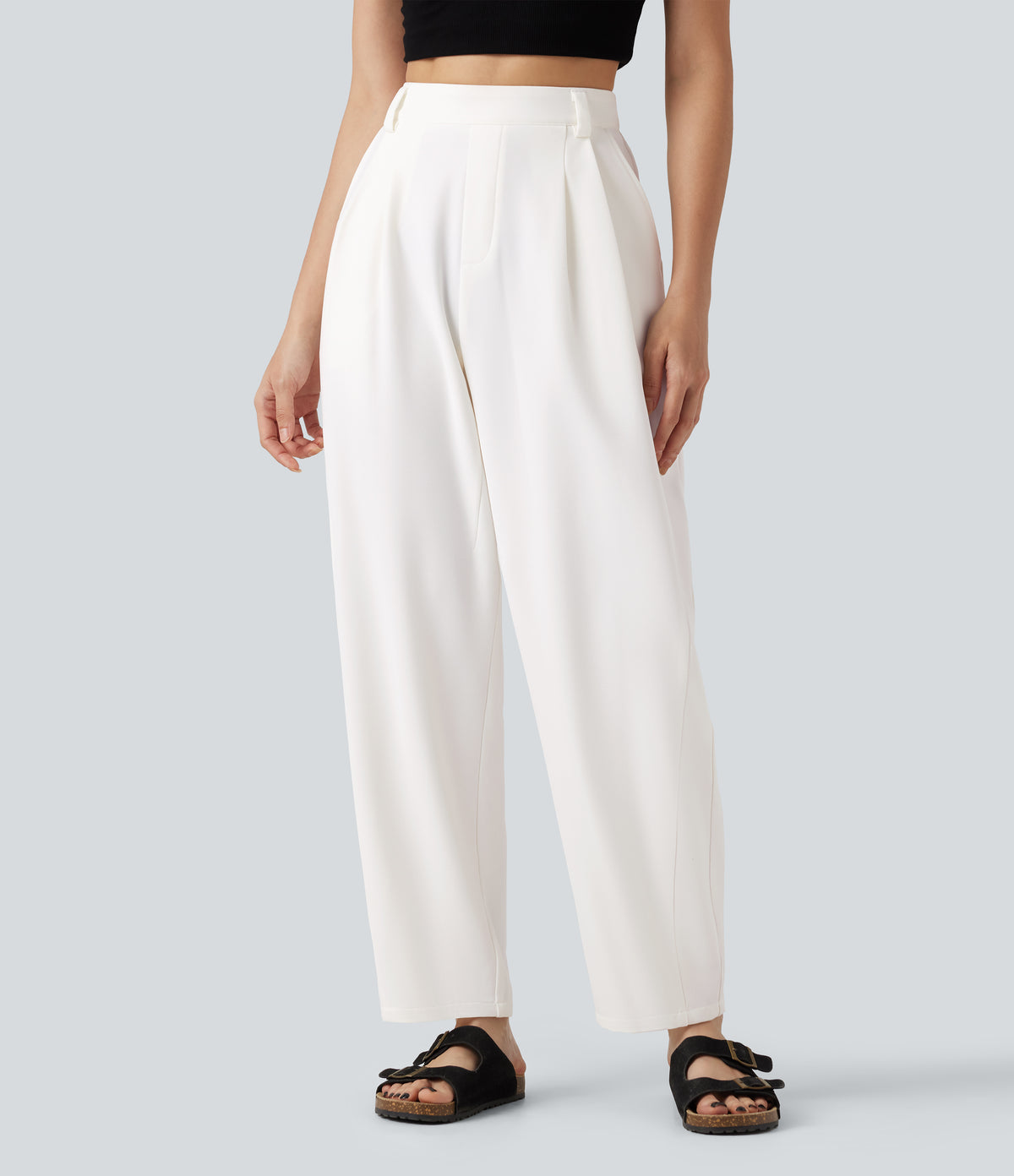 High-waisted Barrel Leg Baggy Work Trousers with Pockets — White — view 3