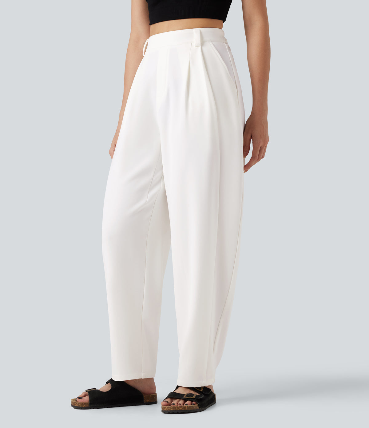High-waisted Barrel Leg Baggy Work Trousers with Pockets — White — view 1