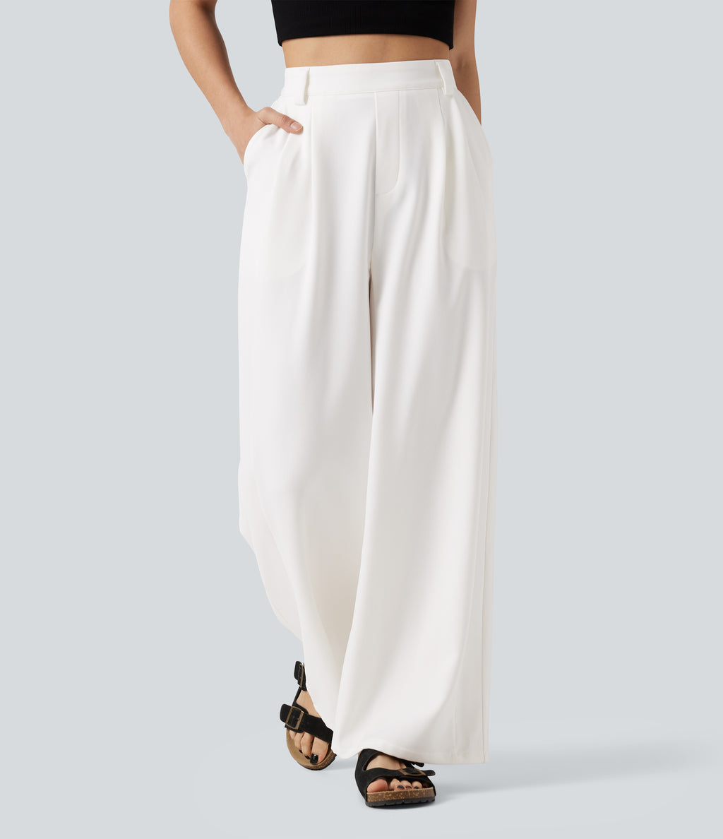 High Waisted Wide Leg Work Trousers with Pockets — White — view 1