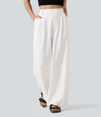 High Waisted Wide Leg Work Trousers with Pockets — White — view 1