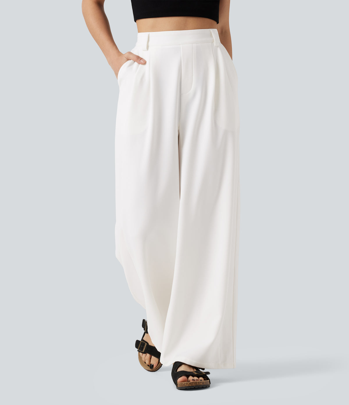 High Waisted Wide Leg Work Trousers with Pockets — White — view 1